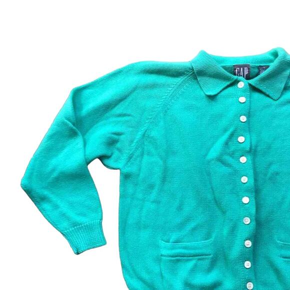 1990s VTG GAP Chunky Knit Collared Button Up Teal Cardigan Sweater Size Medium - Picture 2 of 4